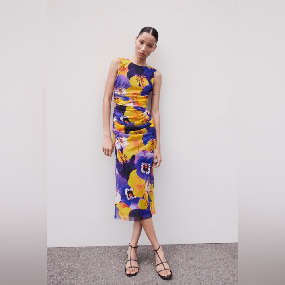 Sale Zara Open Back Print Tulle Dress